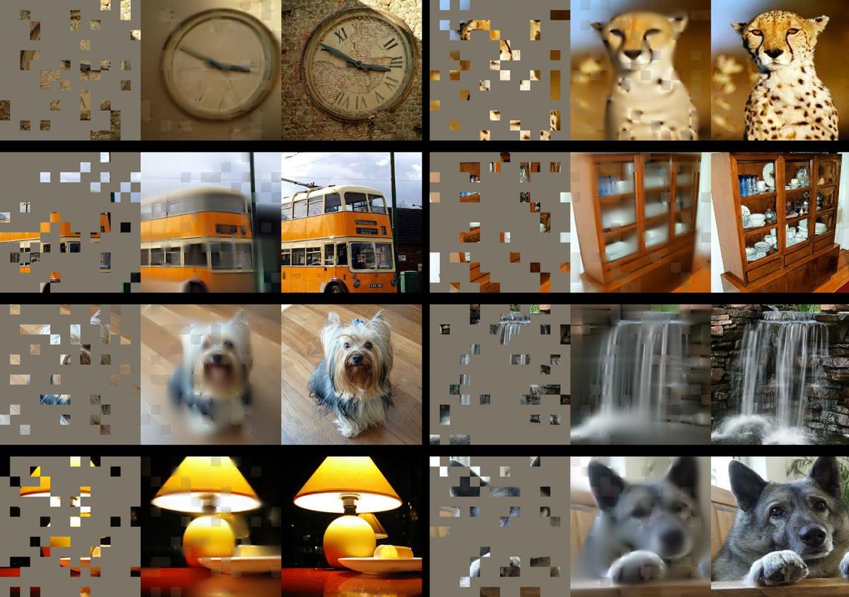 8组图像的集合。在每个图像中，最左边的图像是部分模糊的，但可以识别为模糊的版本(中间)和右边的清晰版本。