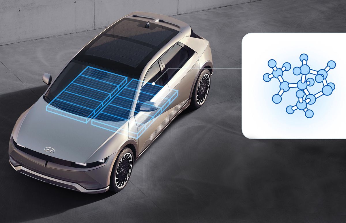 一辆带有现代标志的棕色汽车。叠加的是锂-空气电池的渲染图，并显示了分子化合物的渲染图