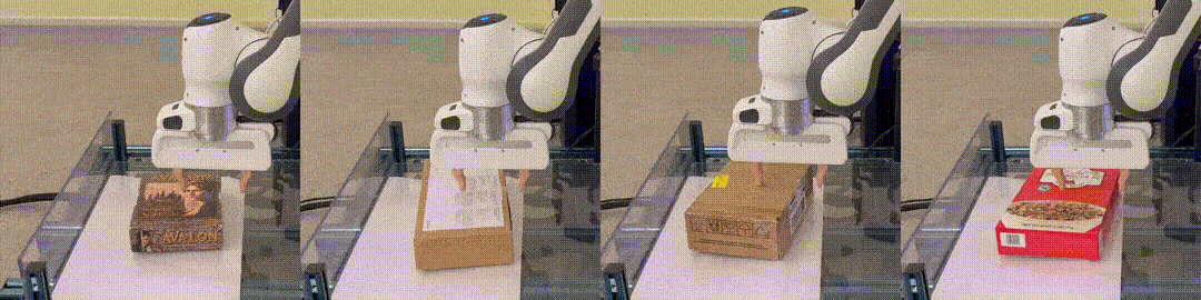 四个场景的动画动图，展示了一个机器人抓手将一个不同的盒子推到障碍物上，以便抓住并举起它。