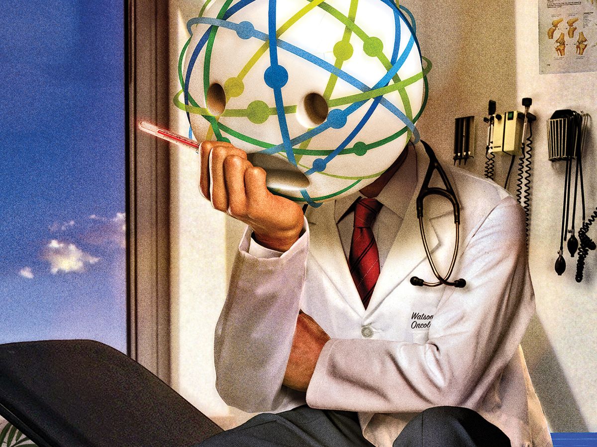 概念照片，将IBM的人工智能沃森想象成一位关心病人的医生，沃森的标志代表医生的脸。