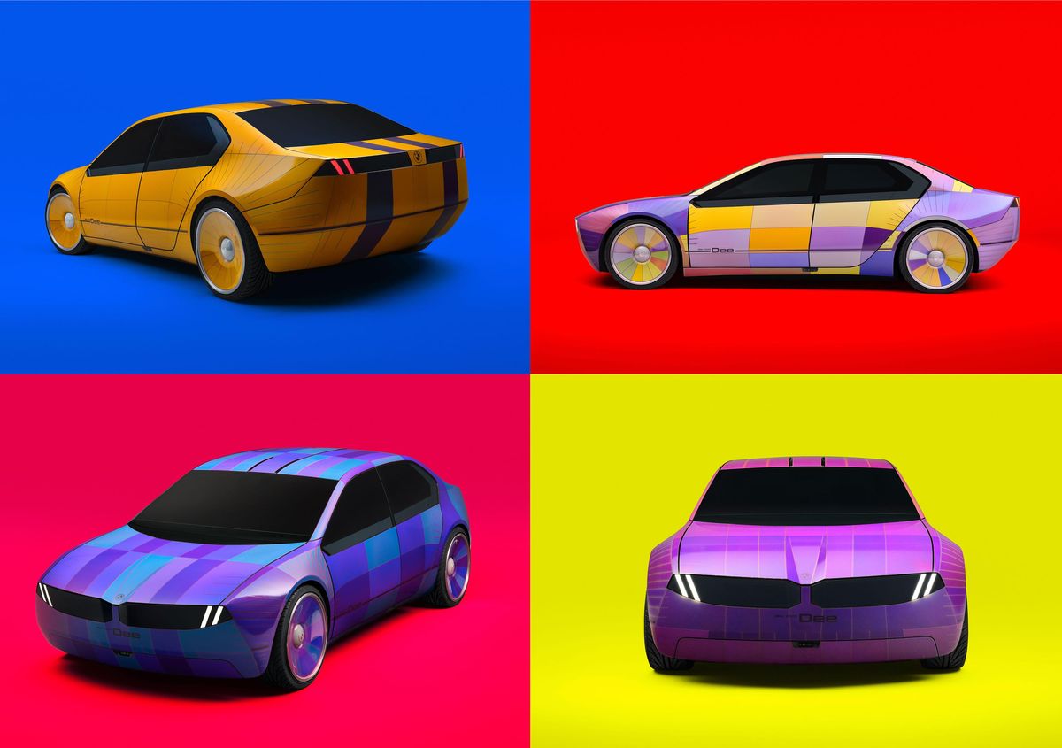 一组四辆车的图片，每一辆都是同一辆车，但颜色和图案不同。