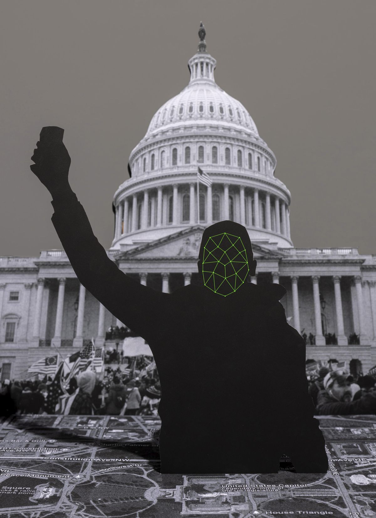 图为在美国国会大厦前举起手拿手机的人的剪影图。叠加在头部的是一个绿色矩阵，它表示用于面部识别的数据点
