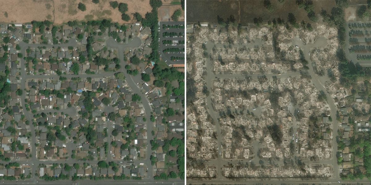 来自数字全球/MAXAR开放数据项目的卫星图像显示了塔布斯火灾前(左)和火灾后(右)的加利福尼亚州圣罗莎的建筑。