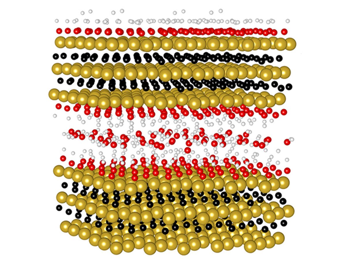 MXene结构的示意图看起来像一层一层的金球，层与层之间有一些红色和白色的球