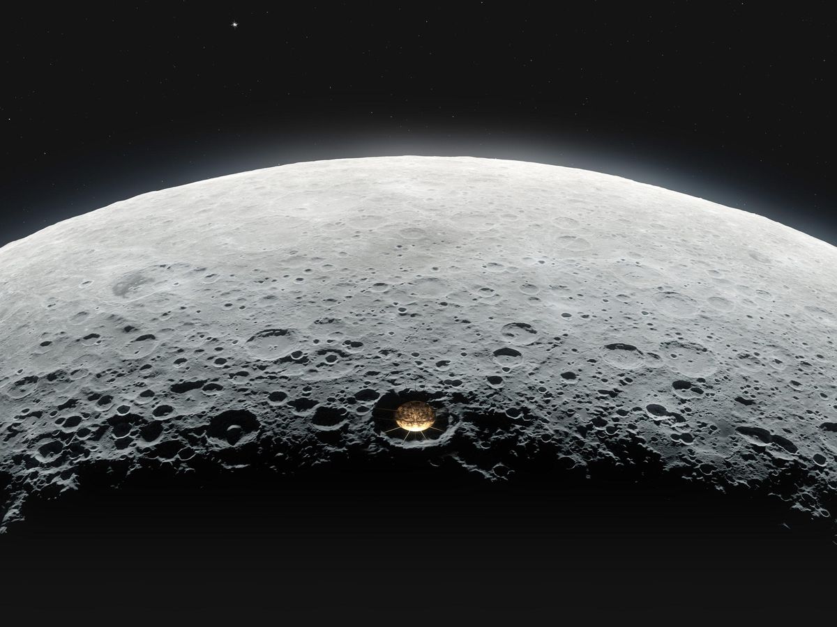 月球的弧形表面，上面有一个被缆绳悬挂的抛物面碟所占据的大坑。