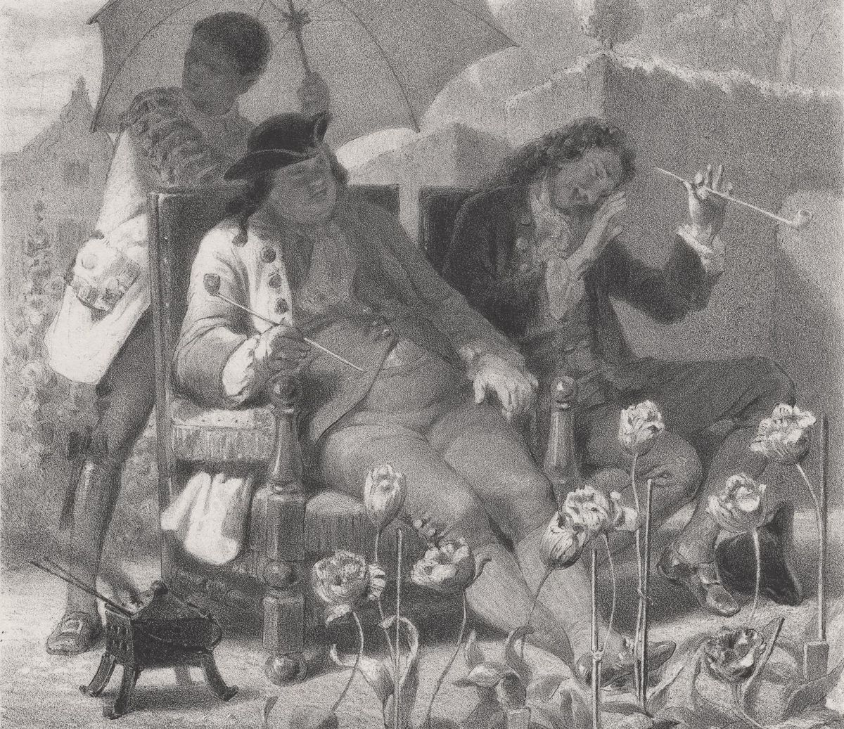 这张照片是一幅画的平版版画，画中两个坐着的男人，一个仆人拿着一把伞，为他们遮阳，同时他们正在欣赏一片郁金香花圃。